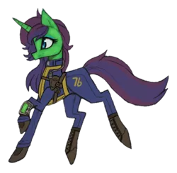 Size: 1332x1301 | Tagged: safe, artist:raptor007, derpibooru import, oc, oc:fantasia charm, pony, fallout equestria, clothes, crossover, fallout, fallout 76, female, full body vault suit, mare, pipboy, pipbuck, simple background, transparent background, vault suit