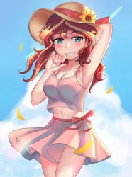 Size: 800x1078 | Tagged: safe, artist:tzc, derpibooru import, sunset shimmer, human, equestria girls, adorasexy, anime, arm behind head, armpits, beautiful, belly button, breasts, busty sunset shimmer, clothes, cute, female, flower, hat, human coloration, humanized, looking at you, midriff, moe, ribbon, sexy, shimmerbetes, skirt, smiling, solo, summer, sunflower