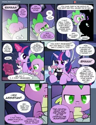 Size: 1275x1650 | Tagged: safe, artist:dsana, derpibooru import, princess flurry heart, spike, twilight sparkle, twilight sparkle (alicorn), alicorn, dragon, pony, comic:the shadow shard, book, comic, glowing horn, magic, patreon, patreon logo, telekinesis