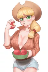 Size: 533x800 | Tagged: adorasexy, apple, applejack, areola outline, artist:yasuokakitsune, bowl, breasts, busty applejack, clothes, cowboy hat, cute, derpibooru import, eating, erect nipples, female, food, freckles, hat, human, humanized, jackabetes, looking at you, nipple outline, sexy, shirt, shorts, simple background, solo, solo female, stetson, suggestive, white background