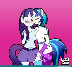 Size: 4800x4500 | Tagged: suggestive, artist:caoscore, derpibooru import, rarity, vinyl scratch, anthro, unicorn, absurd resolution, arm warmers, belt, blushing, boob squish, breasts, busty rarity, busty vinyl scratch, clothes, equestria girls outfit, eyes closed, female, hand on thigh, lesbian, patreon, patreon logo, rariscratch, shipping, shirt, simple background, skirt, smiling, socks, thigh highs, tight clothing, zettai ryouiki