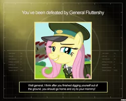 Size: 1280x1024 | Tagged: safe, artist:a4r91n, derpibooru import, fluttershy, pegasus, pony, artillery, cannon, cap, clothes, command and conquer, command and conquer: generals, crossover, hat, lidded eyes, looking at you, military uniform, missile, missile launcher, necktie, peaked cap, smug, solo, uniform, you lose