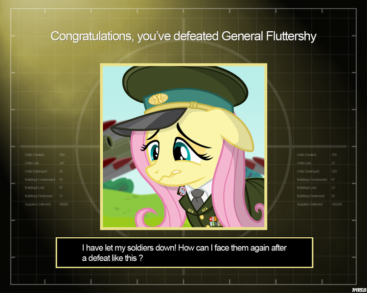 Size: 1280x1024 | Tagged: safe, alternate version, artist:a4r91n, derpibooru import, fluttershy, pegasus, pony, artillery, cannon, cap, clothes, command and conquer, command and conquer: generals, crossover, crying, hat, military uniform, missile, missile launcher, necktie, peaked cap, sad, solo, uniform, you win