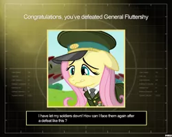 Size: 1280x1024 | Tagged: safe, alternate version, artist:a4r91n, derpibooru import, fluttershy, pegasus, pony, artillery, cannon, cap, clothes, command and conquer, command and conquer: generals, crossover, crying, hat, military uniform, missile, missile launcher, necktie, peaked cap, sad, solo, uniform, you win