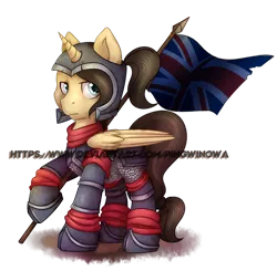 Size: 800x785 | Tagged: safe, artist:pingwinowa, derpibooru import, oc, oc:eternal light, unofficial characters only, alicorn, alicorn oc, armor, clothes, flag, horn, looking at you, male, ponytail, simple background, solo, transparent background, wings