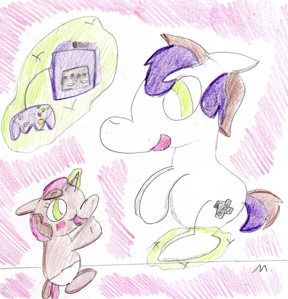 Size: 1642x1706 | Tagged: artist:ptitemouette, brother and sister, derpibooru import, female, gamecube, male, next generation, nintendo 64, oc, oc:rhyme mash, oc:squeezie, offspring, parent:button mash, parents:sweetiemash, parent:sweetie belle, safe