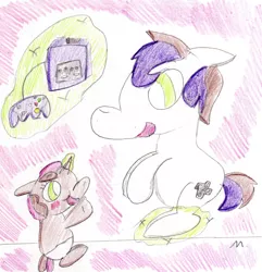 Size: 1642x1706 | Tagged: artist:ptitemouette, brother and sister, derpibooru import, female, gamecube, male, next generation, nintendo 64, oc, oc:rhyme mash, oc:squeezie, offspring, parent:button mash, parents:sweetiemash, parent:sweetie belle, safe