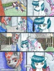 Size: 1950x2550 | Tagged: safe, artist:tillie-tmb, derpibooru import, oc, oc:meadow lark, oc:rebus hunter, unofficial characters only, earth pony, pony, unicorn, comic:the amulet of shades, female, magic, male, mare, stallion, traditional art