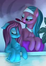 Size: 1049x1500 | Tagged: safe, artist:pony-way, derpibooru import, aloe, lotus blossom, earth pony, pony, chest fluff, eyes closed, eyeshadow, female, hairbrush, makeup, mare, relaxing, sisters, spa twins, water