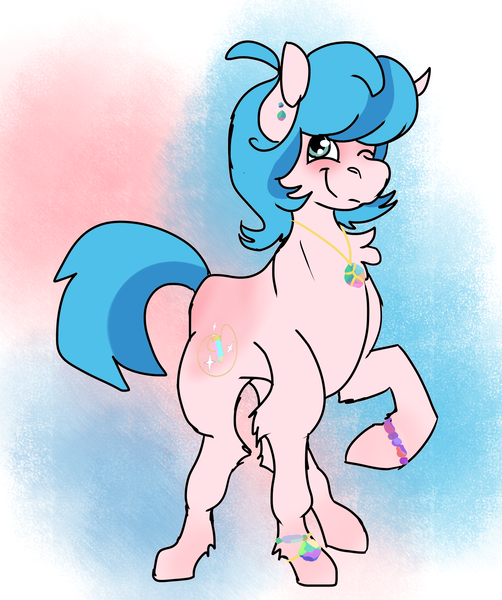 Size: 1665x1991 | Tagged: safe, artist:euspuche, derpibooru import, oc, unofficial characters only, earth pony, pony, abstract background, bracelet, collar, ear piercing, jewelry, looking at you, one eye closed, piercing, raised hoof, smiling, wink