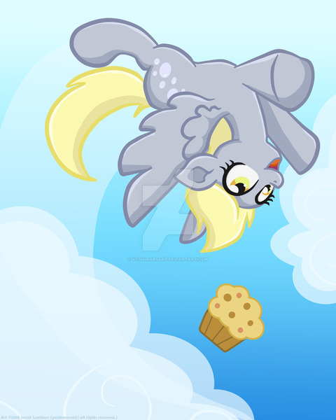 Size: 1024x1280 | Tagged: safe, artist:yoshimarsart, derpibooru import, derpy hooves, pegasus, pony, cloud, female, flying, food, mare, muffin, sky, smiling, solo, spread wings, upside down, watermark, wings