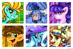 Size: 3400x2300 | Tagged: safe, artist:flamevulture17, derpibooru import, cheese sandwich, flam, flim, iron will, lightning dust, suri polomare, trixie, earth pony, minotaur, pegasus, pony, unicorn, cape, clothes, cute, diacheeses, dustabetes, facial hair, female, flamabetes, flim flam brothers, flimabetes, hat, looking at you, male, mare, moustache, necktie, nose piercing, nose ring, piercing, smiling, smiling at you, stallion, straw hat, suribetes, trixie's cape, trixie's hat, willabetes