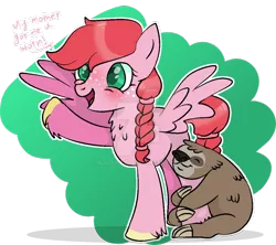 Size: 1024x909 | Tagged: safe, artist:rosiepie15, derpibooru import, oc, oc:daisy, oc:speedy the sloth, unofficial characters only, pegasus, pony, sloth, base used, braid, chest fluff, female, freckles, hug, leg hug, mare, offspring, parent:big macintosh, parent:fluttershy, parents:fluttermac, pet oc, simple background, solo, transparent background, unshorn fetlocks, watermark