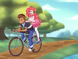 Size: 3600x2700 | Tagged: safe, artist:lucy-tan, derpibooru import, pinkie pie, oc, oc:copper plume, equestria girls, equestria girls series, bicycle, canon x oc, clothes, cloud, commissioner:imperfectxiii, converse, copperpie, cute, duo, female, freckles, geode of sugar bombs, glasses, jeans, male, neckerchief, pants, sandals, scenery, shirt, shoes, skirt, sneakers, stockings, thigh highs, tree, water