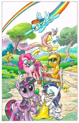 Size: 600x927 | Tagged: safe, artist:andypriceart, derpibooru import, angel bunny, applejack, fluttershy, gummy, opalescence, pinkie pie, rainbow dash, rarity, spike, twilight sparkle, bird, blue jay, dragon, earth pony, pegasus, pony, unicorn, apple, female, fence, food, mane seven, mane six, mare, mug, outdoors, robin, tree