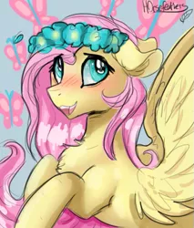 Size: 433x509 | Tagged: safe, artist:h0rsefeathers, derpibooru import, fluttershy, pegasus, pony, blushing, bust, chest fluff, cute, female, floppy ears, floral head wreath, flower, flower in hair, looking up, mare, open mouth, shyabetes, smiling, solo, spread wings, wings