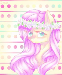 Size: 900x1080 | Tagged: safe, artist:luiblos, derpibooru import, fluttershy, pegasus, pony, abstract background, blushing, bust, eye clipping through hair, female, floral head wreath, flower, looking at you, looking sideways, mare, portrait, solo, three quarter view