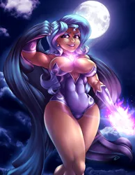 Size: 3000x3857 | Tagged: abs, armpits, artist:drizziedoodles, art pack:my little sweetheart, art pack:my little sweetheart: the finale, breasts, busty trixie, cape, clothes, derpibooru import, ear piercing, earring, female, full moon, gloves, glowing hands, glowing necklace, hips, human, humanized, jewelry, leotard, looking at you, magic, moon, necklace, piercing, smiling, solo, solo female, suggestive, thick, thighs, trixie