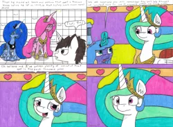 Size: 4328x3170 | Tagged: safe, artist:eternaljonathan, derpibooru import, princess celestia, princess luna, oc, oc:nemo, alicorn, goo pony, original species, unicorn, comic:first three back, canterlot, canterlot castle, castle, comic, exhausted, female, flashback, growling, kitchen, magic, mare, melting, royal sisters, science fiction, slime, tired, traditional art, transformation