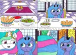 Size: 4372x3174 | Tagged: safe, artist:eternaljonathan, derpibooru import, princess celestia, princess luna, alicorn, pony, comic:first three back, basket, bread sticks, canterlot, canterlot castle, castle, comic, dinning room, drool, female, filly, filly luna, food, fork, lunch, mare, pasta, pencil drawing, royal sisters, salad, sauce, spaghetti, spoon, stained glass, traditional art, younger