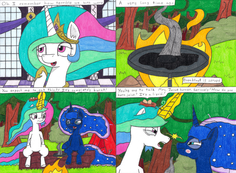 Size: 4331x3178 | Tagged: safe, artist:eternaljonathan, derpibooru import, princess celestia, princess luna, alicorn, pony, comic:first three back, argument, burned, campfire, camping, canterlot, canterlot castle, castle, comic, cooking, dinning room, egg, female, flashback, forest, frying pan, levitation, log, magic, mare, nest, pencil drawing, royal sisters, sitting, smoke, stick, telekinesis, tent, traditional art