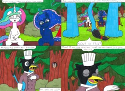 Size: 4319x3154 | Tagged: safe, artist:eternaljonathan, derpibooru import, princess celestia, princess luna, oc, oc:nemo, alicorn, gryphon, owl, pony, comic:first three back, campfire, camping, chef, clothes, comic, disguise, egg, female, fire, flashback, forest, frying pan, gloves, growling, guardian, hungry, levitation, log, magic, mare, nest, open mouth, pencil drawing, sitting, stomach, stomach growl, stomach noise, telekinesis, tent, this will end in weight gain, traditional art