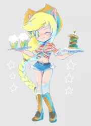 Size: 720x1000 | Tagged: safe, artist:hacha, derpibooru import, applejack, human, equestria girls, belly button, boots, burger, clothes, daisy dukes, eared humanization, food, front knot midriff, humanized, looking at you, midriff, mug, plate, rink, shoes, shorts