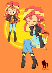 Size: 707x1000 | Tagged: safe, artist:hacha, derpibooru import, sunset shimmer, equestria girls, boots, clothes, cute, eyes closed, female, hand on hip, jacket, jeans, leather jacket, looking at you, pants, shimmerbetes, shoes