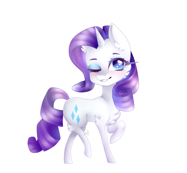 Size: 1024x951 | Tagged: safe, artist:luulyh, derpibooru import, rarity, pony, unicorn, chibi, cutie mark, female, grin, one eye closed, raised hoof, signature, simple background, smiling, solo, transparent background, wink