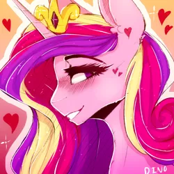 Size: 1080x1080 | Tagged: safe, artist:dino_horse, deleted from derpibooru, derpibooru import, princess cadance, alicorn, blushing, canon, crown, cute, cutedance, female, heart, jewelry, looking away, present, regalia, simple background, solo, wingding eyes