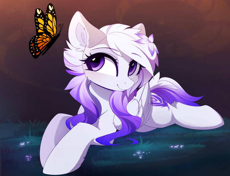 Size: 2050x1566 | Tagged: safe, artist:magnaluna, derpibooru import, oc, oc:cloud cover, unofficial characters only, butterfly, pegasus, pony, cute, female, flower, flower in hair, grass, grass field, looking at something, lying down, mare, night, prone, smiling, solo