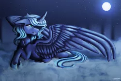 Size: 1024x683 | Tagged: safe, artist:artdigistique14, derpibooru import, princess luna, alicorn, pony, cloud, curved horn, female, floppy ears, full moon, mare, moon, night, prone, s1 luna, signature, smiling, solo, spread wings, stars, wings