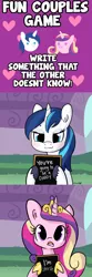 Size: 1650x4950 | Tagged: safe, artist:dsp2003, artist:tjpones, derpibooru import, edit, edited edit, princess cadance, shining armor, alicorn, pony, unicorn, :3, chalkboard, comic, ear fluff, edit of an edit of an edit, female, fun couples game meme, game, gleaming shield, heart, hoof hold, hoof shoes, implied cheating, implied flurry heart, implied infidelity, implied pregnancy, implied straight, infertility, inverted mouth, lesbian, male, mare, meme, open mouth, pregnant, prince bolero, rule 63, shiningcadance, shipping, straight, surprised, this will end in divorce, unshorn fetlocks