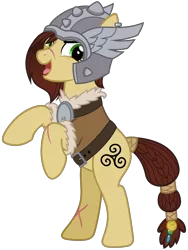 Size: 2400x3200 | Tagged: safe, alternate version, artist:cheezedoodle96, derpibooru import, idw, steela oresdotter, earth pony, pony, legends of magic, spoiler:comic, spoiler:comiclom2, .svg available, armor, braid, braided tail, clothes, coin, ear piercing, earring, female, hair over one eye, helmet, idw showified, jewelry, looking at you, mare, messy mane, mighty helm, open mouth, piercing, rearing, scar, simple background, solo, svg, tail wrap, tongue out, transparent background, triskelion, vector