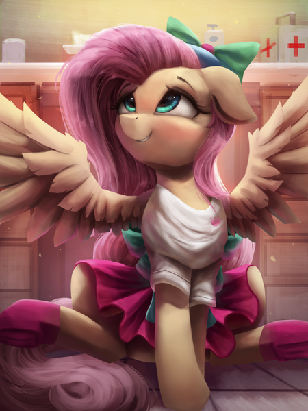 Size: 2250x3000 | Tagged: safe, artist:vanillaghosties, derpibooru import, fluttershy, ponified, pegasus, pony, eqg summertime shorts, equestria girls, pet project, bow, clothes, cute, equestria girls outfit, equestria girls ponified, female, first aid kit, floppy ears, mare, shyabetes, skirt, smiling, solo, spread wings, wings