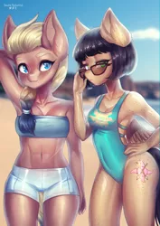 Size: 2895x4092 | Tagged: safe, artist:tawni-tailwind, derpibooru import, oc, oc:pepper spice, oc:valiant frost, unofficial characters only, anthro, earth pony, pegasus, abs, anthro oc, armpits, beach, belly button, blue eyes, body freckles, braid, celestia's cutie mark, clothes, cutie mark, duo, ear freckles, female, freckles, green eyes, hand on hip, mare, midriff, muscles, one-piece swimsuit, open-back swimsuit, pair, ponytail, short hair, short mane, shorts, shoulder freckles, sunglasses, swimsuit, thigh gap, thighs