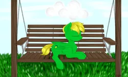 Size: 1024x618 | Tagged: safe, artist:cherry, derpibooru import, oc, oc:rail, unofficial characters only, pegasus, pony, bench, blue sky, grass, solo, swing, ych result