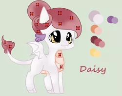 Size: 1312x1040 | Tagged: artist:mlp-awesomebases, base used, color palette, derpibooru import, dracony, fangs, flower, flower in hair, green background, hybrid, interspecies offspring, leonine tail, oc, oc:daisy, offspring, parent:spike, parents:spikehugger, parent:tree hugger, safe, simple background, solo, unofficial characters only