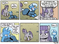 Size: 750x551 | Tagged: suggestive, artist:foudubulbe, derpibooru import, maud pie, trixie, earth pony, pony, unicorn, comic:damp rocks, adorable face, clothes, comic, cute, female, lesbian, mare, mauxie, muscles, shipping, speech bubble