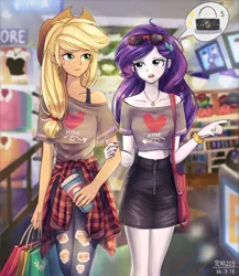 Size: 1300x1500 | Tagged: safe, artist:tcn1205, derpibooru import, applejack, rarity, human, equestria girls, bag, beverage, blushing, clothes, cute, female, freckles, humanized, jackabetes, jewelry, lesbian, midriff, necklace, pony coloring, pretty, purse, raribetes, rarijack, shipping, shopping, shopping bags, short shirt, skirt, store, sunglasses, thought bubble, zipper