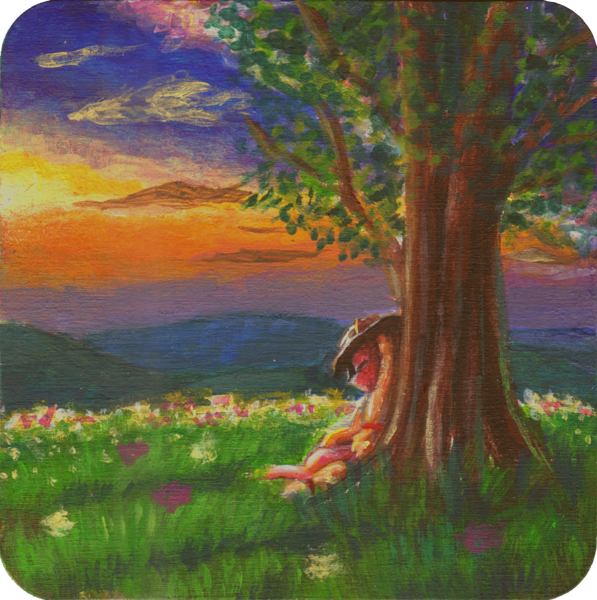 Size: 1200x1206 | Tagged: safe, artist:sa1ntmax, derpibooru import, applejack, earth pony, pony, acrylic painting, coaster, craft, eyes closed, female, flower, hill, mare, nap, resting, scenery, sleeping, sunset, traditional art, tree, under the tree, wood