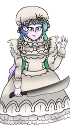 Size: 540x959 | Tagged: safe, artist:pokecure123, derpibooru import, princess celestia, equestria girls, anime, cells at work, clothes, cosplay, costume, kikuko inoue, machete, macrophage, maid, principal celestia, simple background, solo, transparent background, voice actor joke