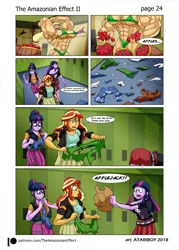 Size: 1681x2344 | Tagged: suggestive, artist:atariboy2600, artist:bluecarnationstudios, derpibooru import, applejack, sci-twi, sunset shimmer, twilight sparkle, comic:the amazonian effect, comic:the amazonian effect ii, equestria girls, abs, apple, applejack's hat, applejacked, armpits, barrels, biceps, breasts, buff breasts, busty applejack, canterlot high, claws, clothes, comic, cowboy hat, dialogue, female, food, hat, muscles, overdeveloped muscles, red eyes, torn clothes, triceps, twolight, underwear