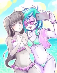 Size: 700x892 | Tagged: suggestive, artist:hobilo, derpibooru import, octavia melody, vinyl scratch, equestria girls, belly button, bikini, breasts, clothes, cute, frilled swimsuit, glasses, green swimsuit, headphones, midriff, mobile phone, one eye closed, open clothes, phone, purple swimsuit, selfie, string bikini, swimsuit, tavibetes, tricolor swimsuit, vinylbetes, white swimsuit, wink