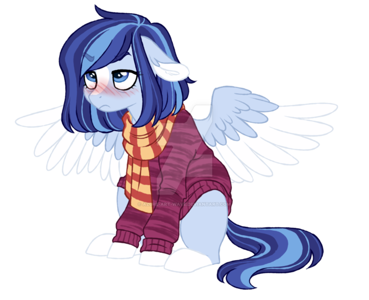 Size: 1024x832 | Tagged: safe, artist:azure-art-wave, derpibooru import, oc, oc:azure, unofficial characters only, pegasus, pony, clothes, female, mare, scarf, simple background, sitting, solo, spread wings, sweater, transparent background, watermark, wings