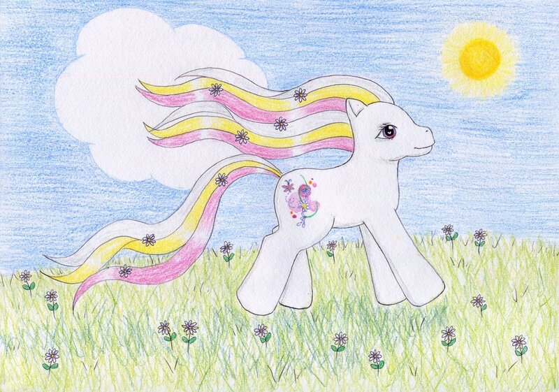 Size: 1024x718 | Tagged: safe, artist:normaleeinsane, derpibooru import, silly sunshine, earth pony, pony, cloud, flower, g3, grass, solo, sun, traditional art