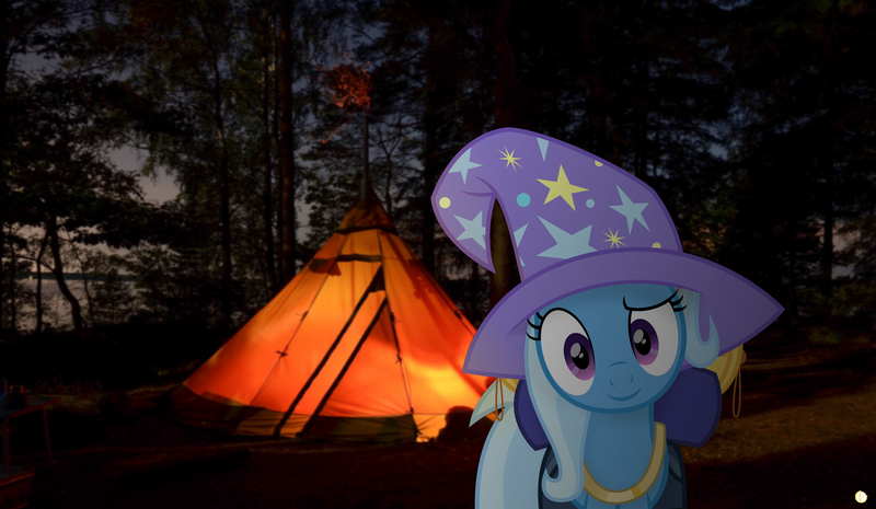 Size: 4110x2390 | Tagged: safe, artist:potato22, derpibooru import, trixie, unicorn, bag, camping, female, forest, irl, looking at you, mare, photo, ponies in real life, solo, tents, tree, vector