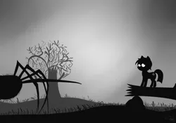 Size: 900x630 | Tagged: grimdark, artist:tempestdk, derpibooru import, oc, oc:puff smarts, earth pony, pony, spider, crossover, limbo, monochrome, nightmare, solo, tree