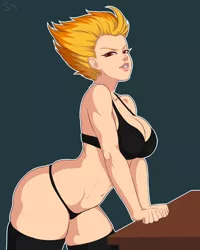 Size: 2400x3000 | Tagged: artist:souladdicted, belly button, black underwear, bra, breasts, busty spitfire, cleavage, clothes, derpibooru import, desk, digital art, edit, editor:vanchees, female, high res, human, humanized, lingerie, looking at you, panties, seductive, seductive look, seductive pose, smiling, socks, solo, solo female, spitfire, stockings, suggestive, sultry, sultry pose, thigh highs, thighs, underwear