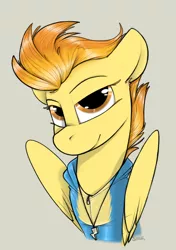 Size: 600x850 | Tagged: safe, artist:sinrar, derpibooru import, spitfire, pegasus, pony, bust, clothes, folded wings, jewelry, pendant, portrait, solo, uniform, wonderbolts, wonderbolts uniform